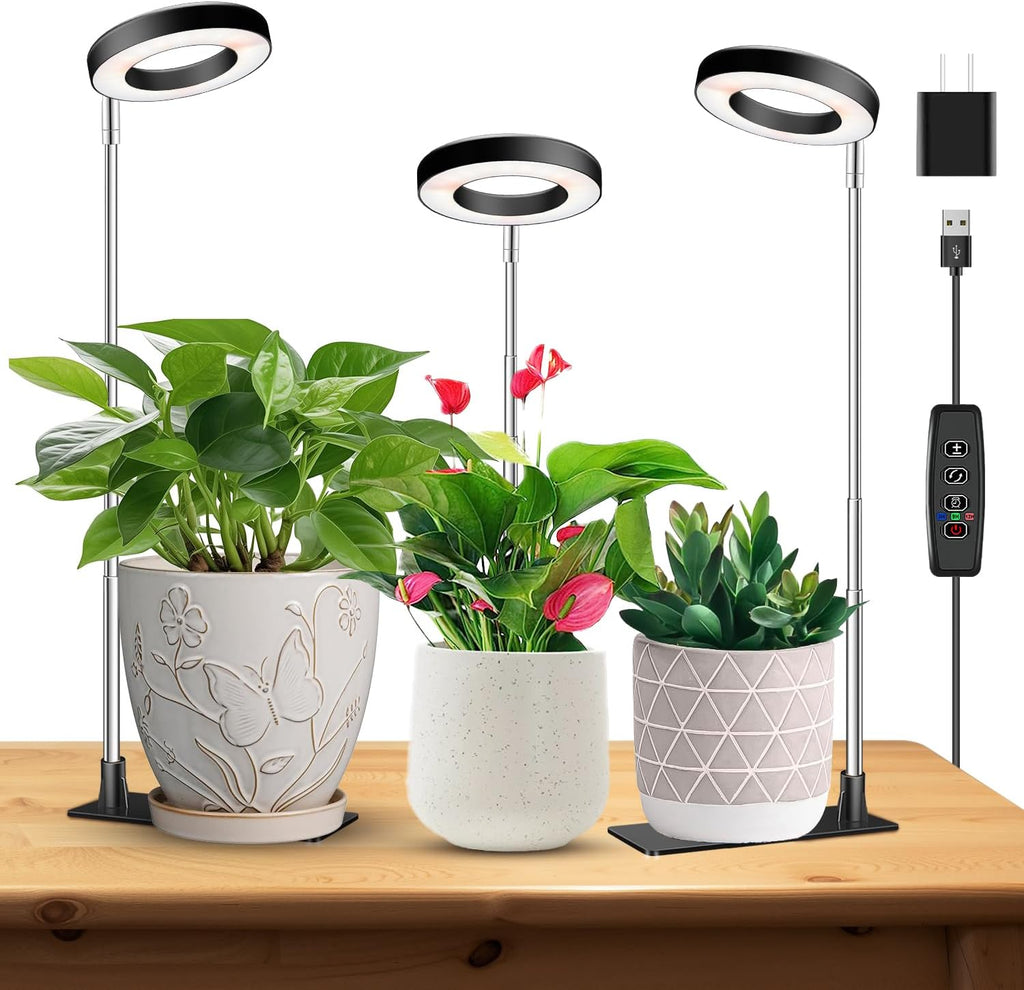 Kullinss Plant Light, 48 LEDs Full Spectrum Plant Lights for Indoor Growing, Halo Plant Light with 3/9/12H Timer, 3 Color Modes, 10 Brightness, Height Adjustable Grow Lamp for Small Plants (3 Pack)