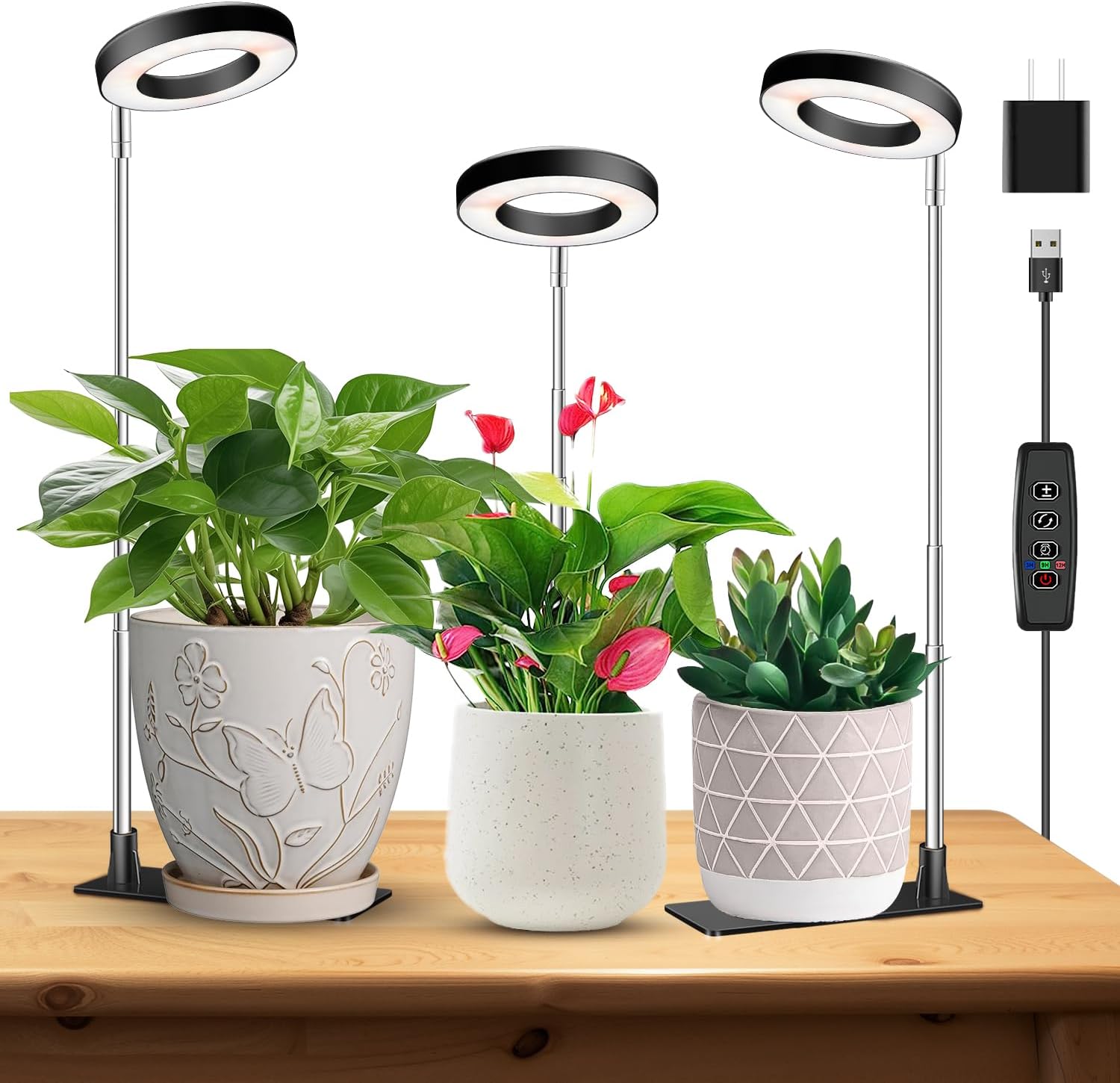 Kullinss Plant Light, 48 LEDs Full Spectrum Plant Lights for Indoor Growing, Halo Plant Light with 3/9/12H Timer, 3 Color Modes, 10 Brightness, Height Adjustable Grow Lamp for Small Plants (3 Pack)