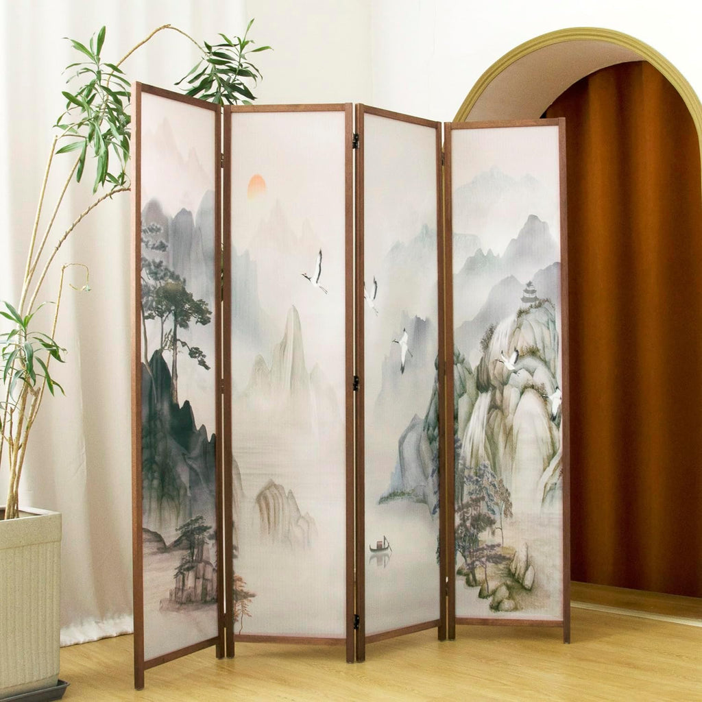 4 Panel Room Divider Folding Privacy Screen,5.6 FT Tall Double Faced Panel Screen,Blackout Panel Divider for Room Seperation,Plain Landscape