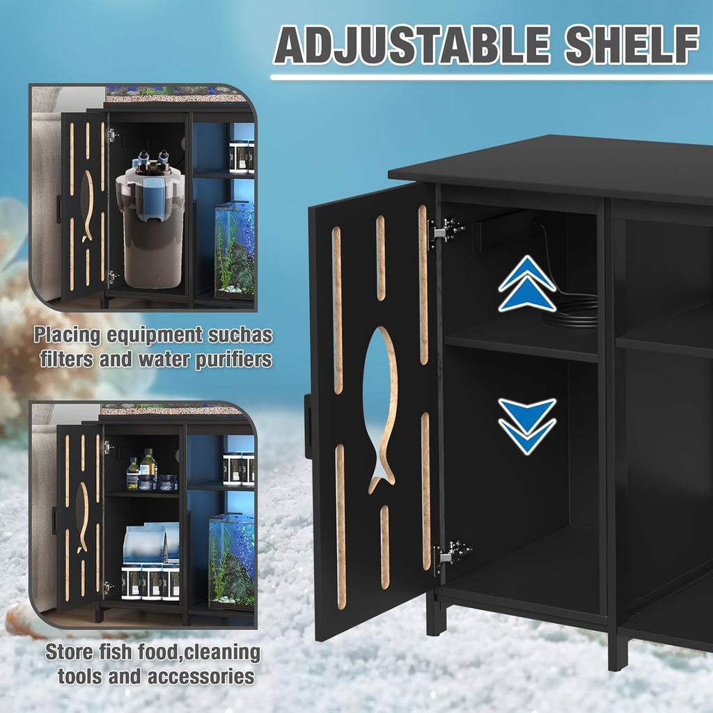 55-75 Gallon Aquarium Stand with Power Outlets,Fish Tank Stand with Cabinet&LED Light,Aquarium Stand for Fish Tank/Turtle Tank/Reptile Terrarium,1100LBS Capacity,Black