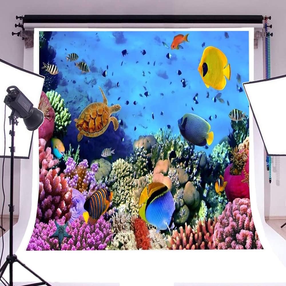 AOFOTO 8x8ft Underwater Ocean Coral Reef Backdrop Under The Sea Tropical Fish Sea Turtle Marine Life Photography Background Seabed World Nature Scene Aquarium Decor Kids Portrait Photo Shoot Props