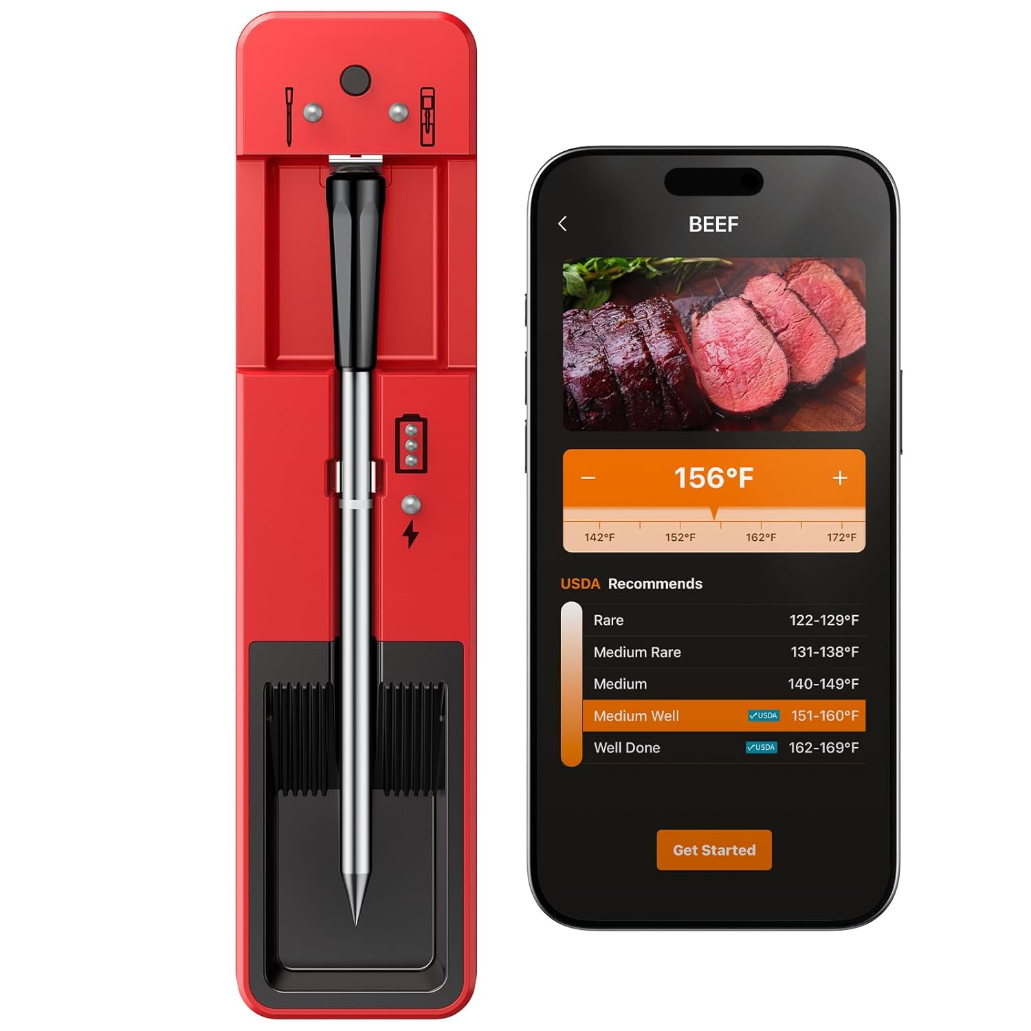 Smart Wireless Meat Thermometer with Ultra-Thin Probe, 6 Sensors Accuracy Digital Food Thermometer 0.5S Instant Read, IP67 Waterproof for BBQ, Grill, Smoker, Oven, Air Fryer,Red