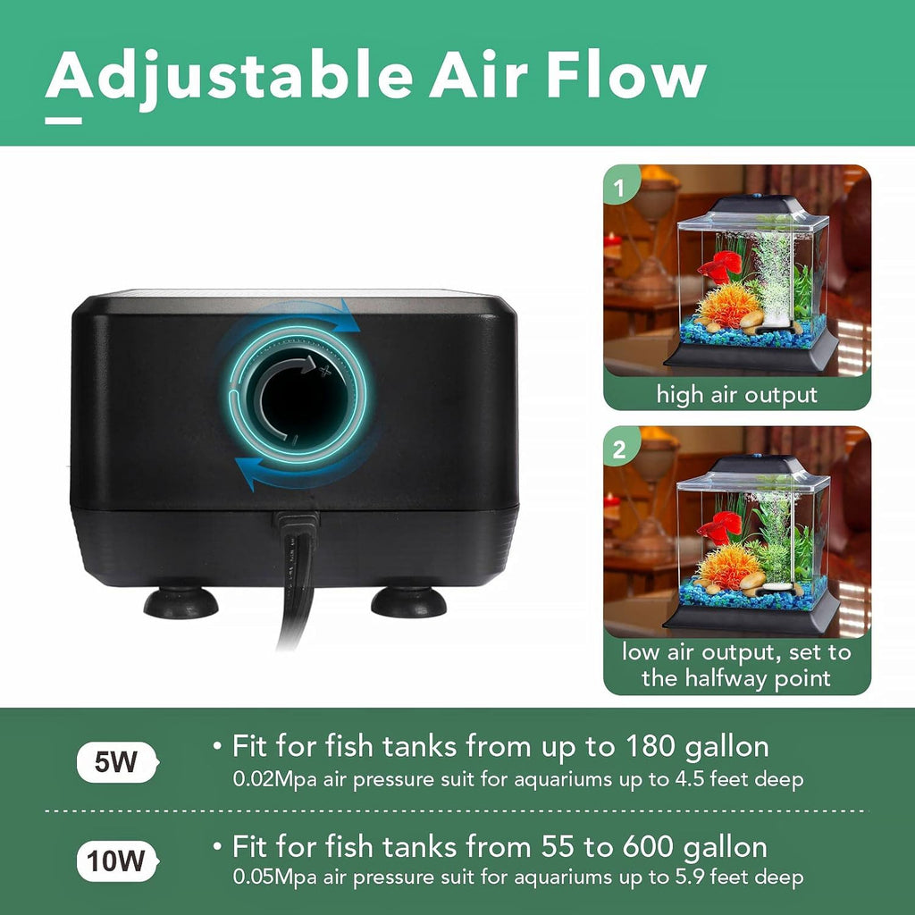 hygger Adjustable 5W 10W Aquarium Air Pump with 2 Ports for 20-600 Gallon Fish Tank 160 GPH 250 GPH Aquatic Aerator Oxygen Pump