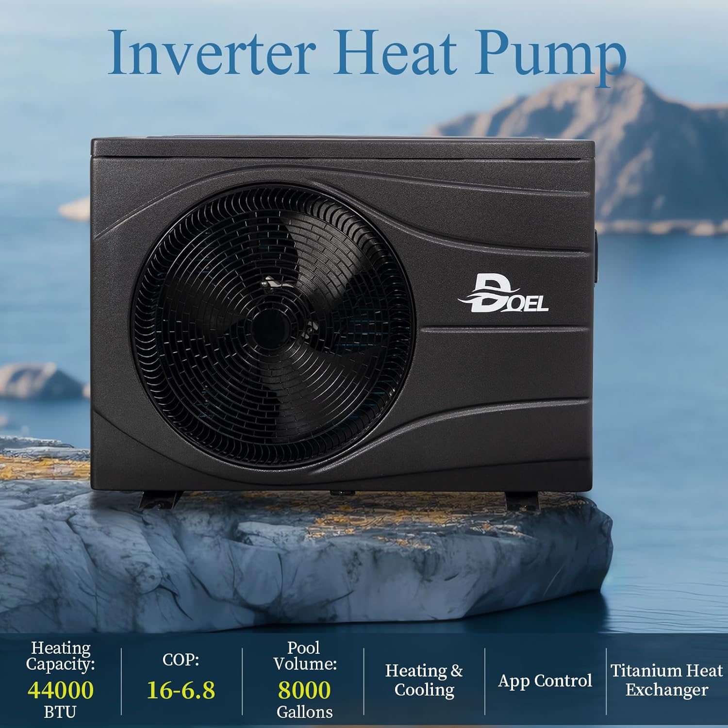 DOEL Swimming Pool Heat Pump, 44000BTU Full DC Inverter Pool Heater for Above and In Ground Pools and Spas, 13kW High Efficiency Pool Heater with WiFi Smart Control Panel, 220-240v