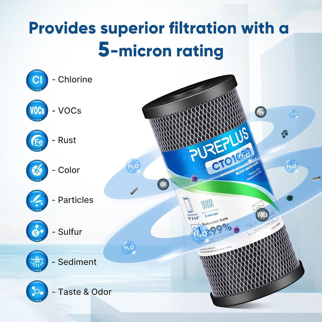 PUREPLUS 5 Micron 10" x 4.5" Whole House CTO Coconut Shell Activated Carbon Water Filter Replacement Cartridge for Dupont WFHDC8001, CB-BB-10, GE FXHTC, GXWH40L, GXWH35F, GNWH38S, CTO10BB, 2PACK