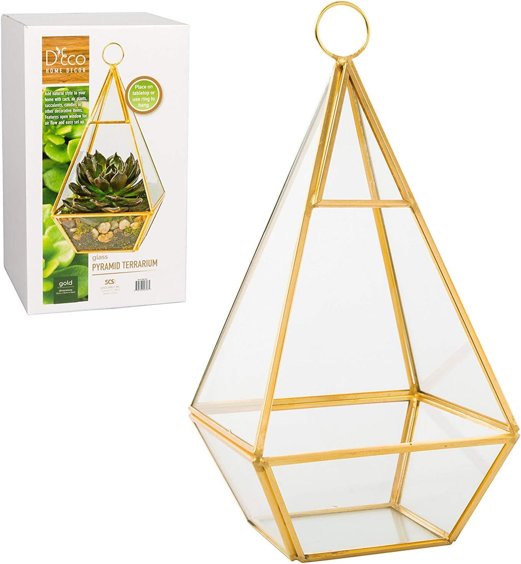 D'Eco Hanging Glass Pyramid Plant Terrarium (5x5x10)- Indoor Tabletop Gold Geometric Planter Terrarium for Succulents, Air Plants, Moss - Home & Office Holiday Decor - Xmas Gift for Plant Lovers