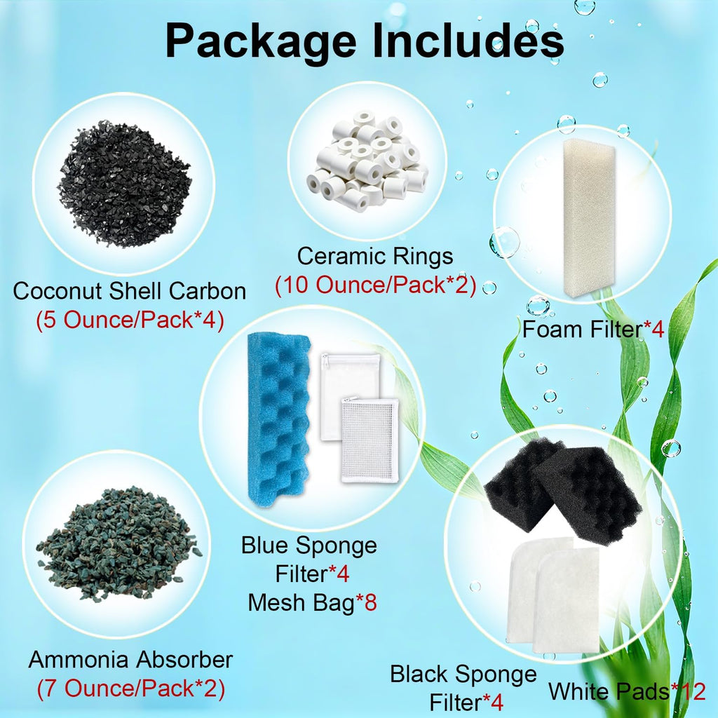 44-Piece Filter Media Kit Replacement for Fluval 406/407 Canister Filter - Includes Carbon, Ammonia-Absorbing Pad, Sponges（2 Sets）