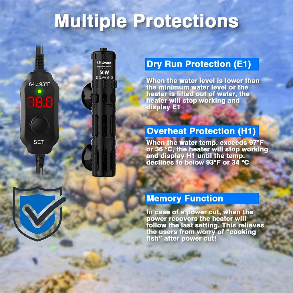 Fish Tank Heater with LED Digital Display Thermostat, Submersible Aquarium Heater with Protective Housing, 50W Adjustable Fish Heater for 5-10 Gallon Tanks