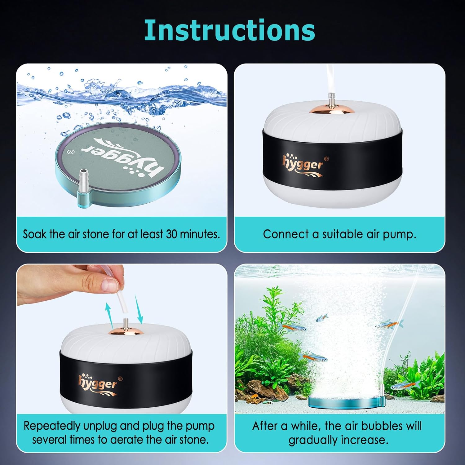 hygger Aquarium Air Stone 4 Inch, Fish Tank Bubbler Stone, Air Bubble Aerator Oxygen Diffuser, Air Pump Accessories for Aquariums, Fish Tanks, Hydroponics and Ponds