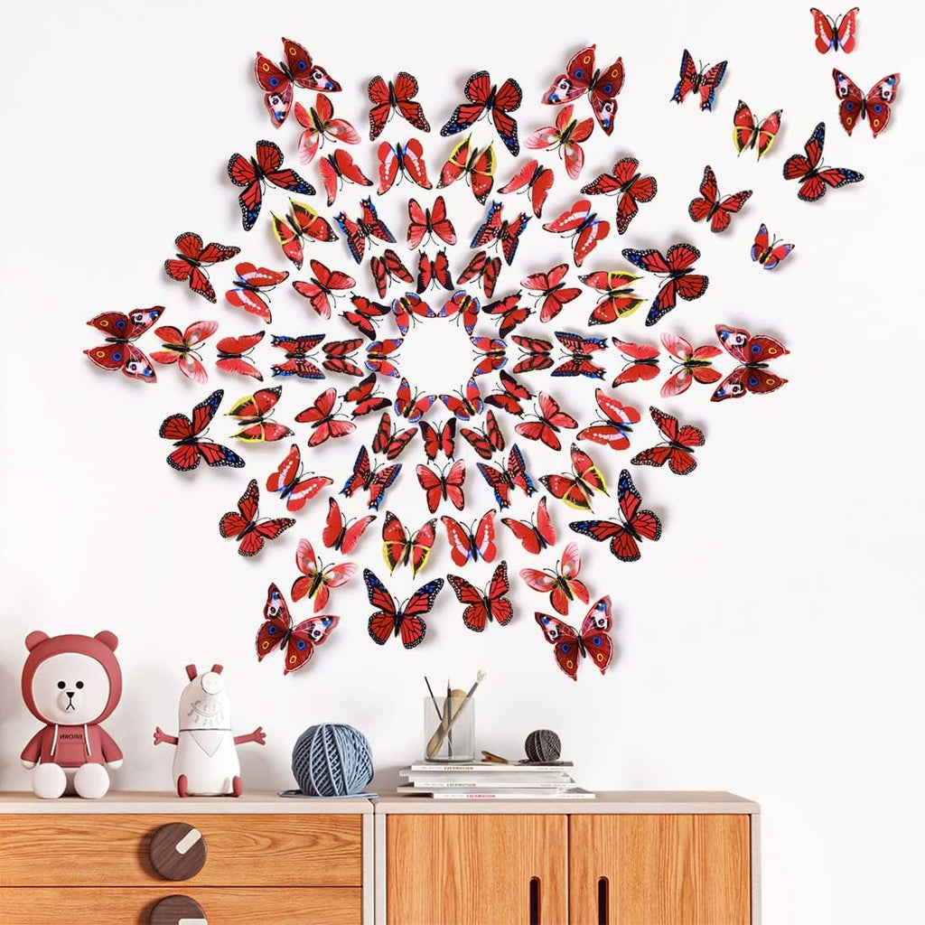 LiveGallery 72 PCS Red Removable 3D DIY Beautiful Butterfly Wall Decals Colorful Butterflies Art Decor Wall Stickers Murals for Kids Baby Boy Girls Bedroom Classroom Offices (Red)