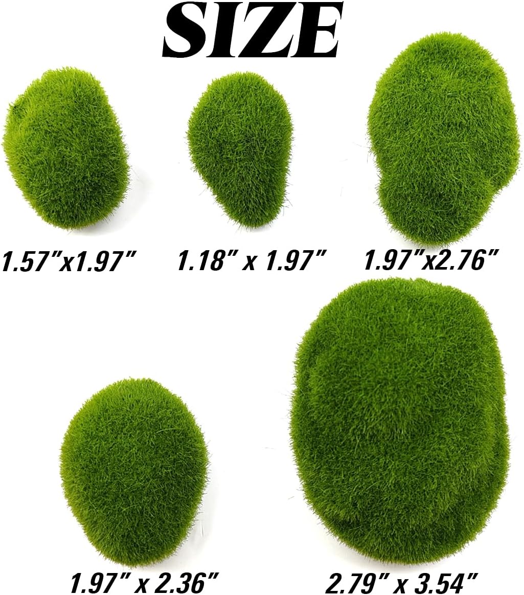 TIHOOD 50 PCS 5 Size Artificial Moss Rocks Decorative, Green Moss Balls,Moss Stones, Green Moss Covered Stones, Fake Moss Decor for Floral Arrangements, Fairy Gardens and Crafting