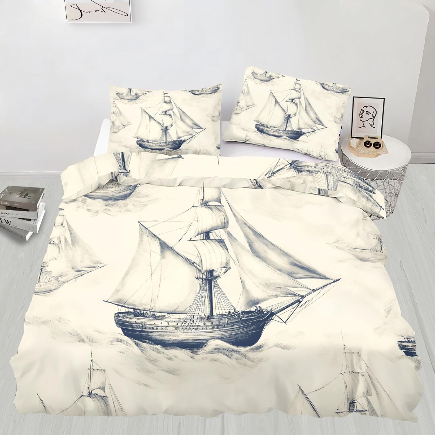 Nautical Duvet Cover Twin Vintage Old Sailboat Bedding Set 2 Piece for Kids Bedroom Ocean Boat Sketch Patterned Comforter Cover with Zipper Ties & 1 Pillowcases