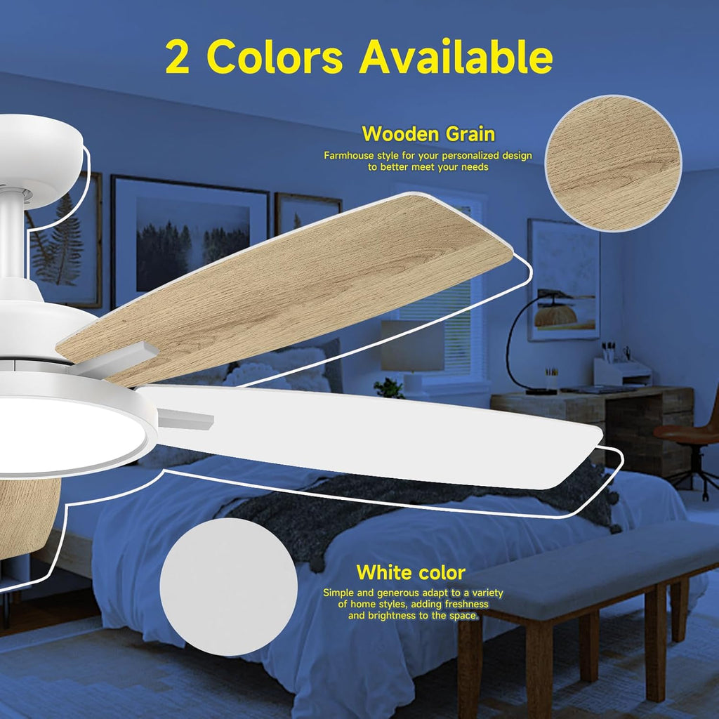 Roomratv Ceiling Fans with Lights,52 Inch,Remote Control,Dimmable,Quiet Reversible DC Motor,White Ceiling Fan for Living Room,Bedroom,Kitchens,Outdoor Patio,Farmhouse