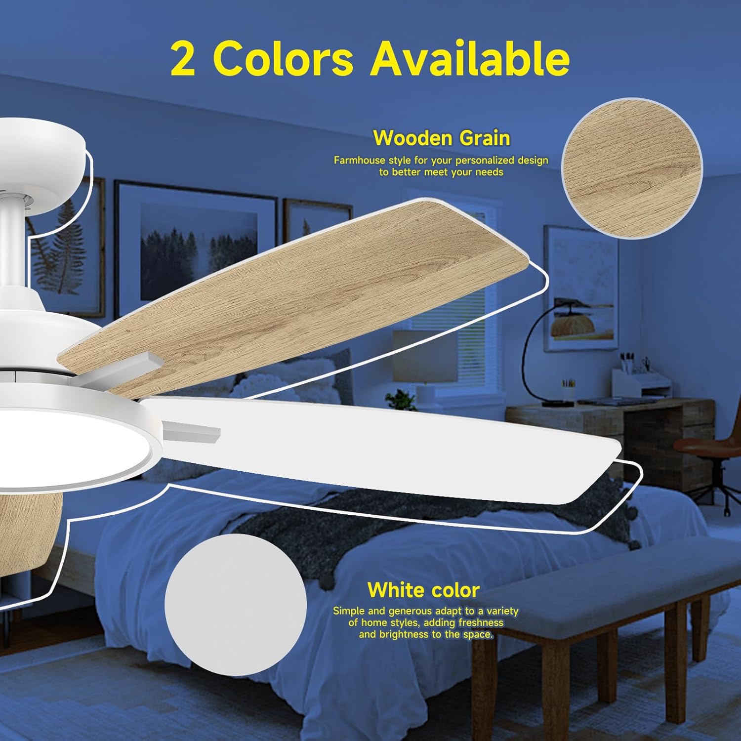 Roomratv Ceiling Fans with Lights,52 Inch,Remote Control,Dimmable,Quiet Reversible DC Motor,White Ceiling Fan for Living Room,Bedroom,Kitchens,Outdoor Patio,Farmhouse