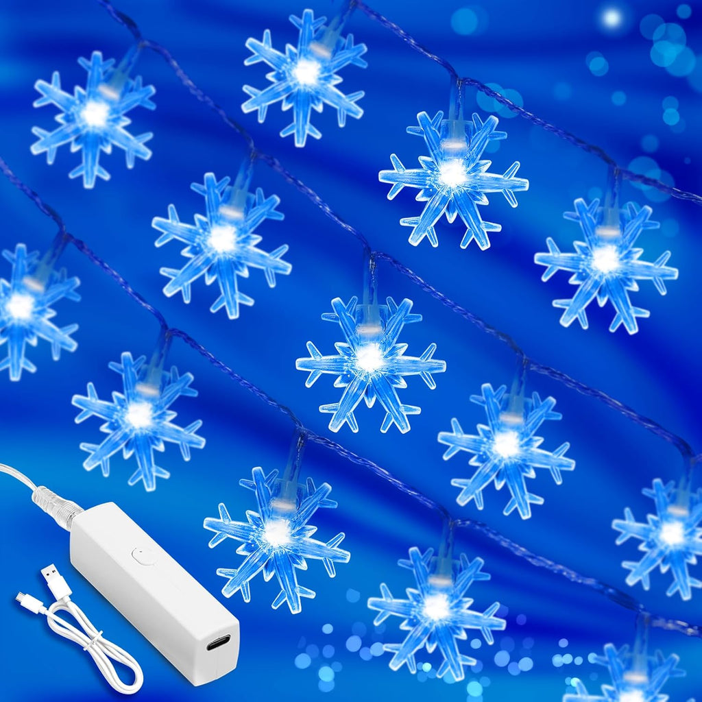 Blue Christmas Lights, Snowflake String Lights, 20FT 40 LED Mini Twinkle Lights Indoor, Rechargeable Fairy Lights Battery Operated with 8 Modes & Timer for Bedroom Party Home Xmas Tree Decorations