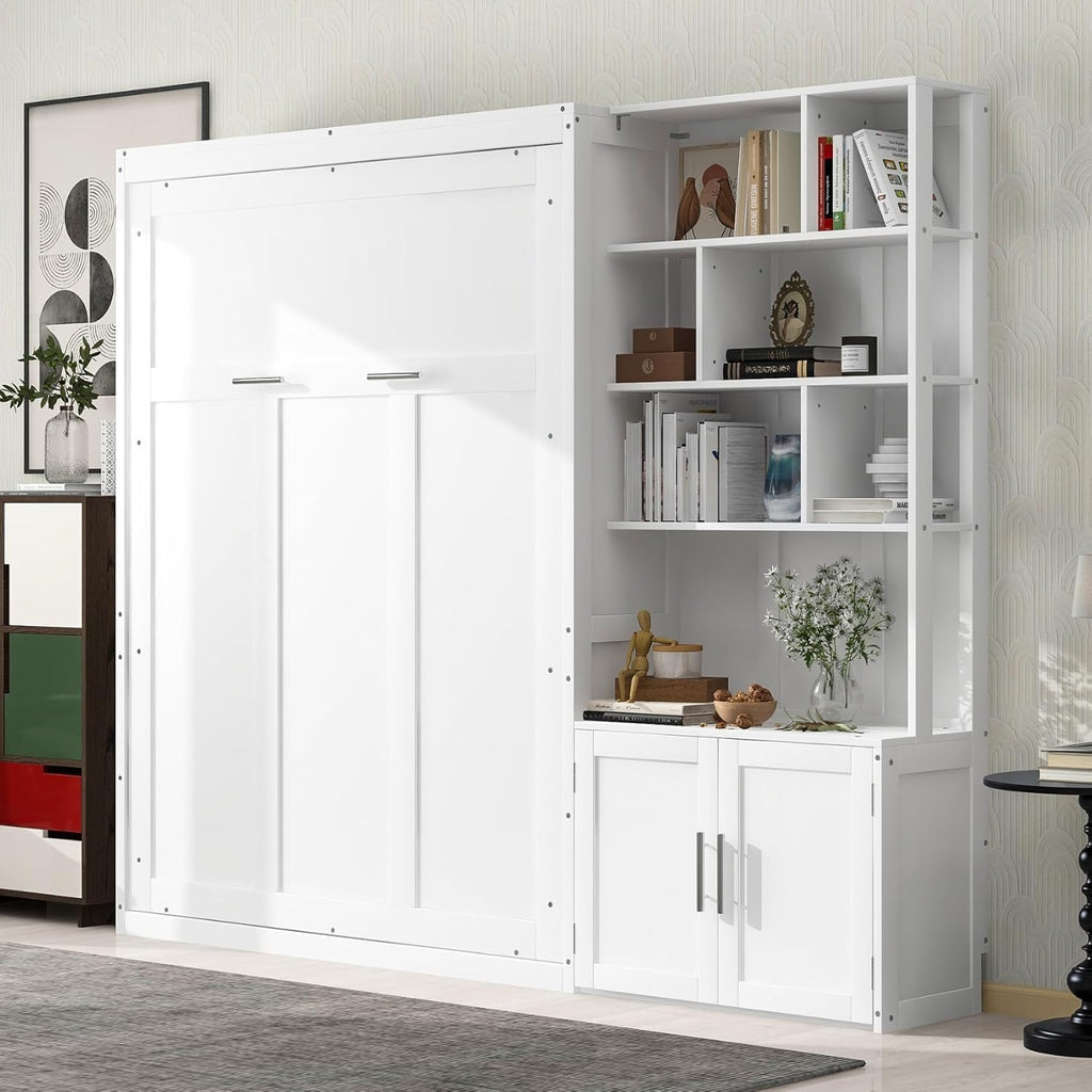 MERITLINE Full Murphy Bed with Storage Bookcase Shelves and Cabinet,Wood Folding Murphy Wall Bed Cabinet for Adults,White