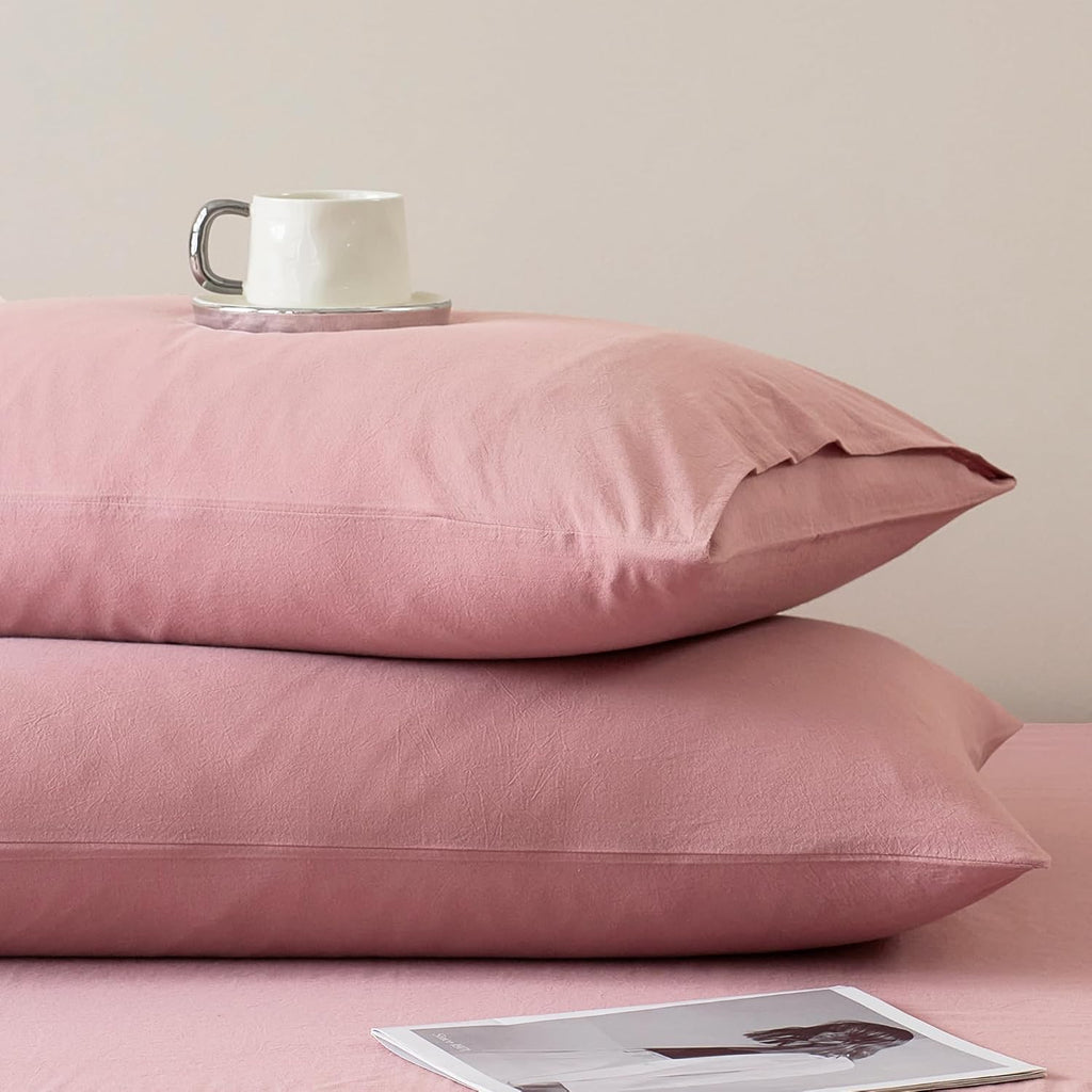 JELLYMONI Pillowcases Standard Set of 2 Washed Cotton Envelope Pillow Covers Linen-Like Texture,Darker Rose 20×26in Bed Pillow Cases Soft Breathable (Pillows are not Included)
