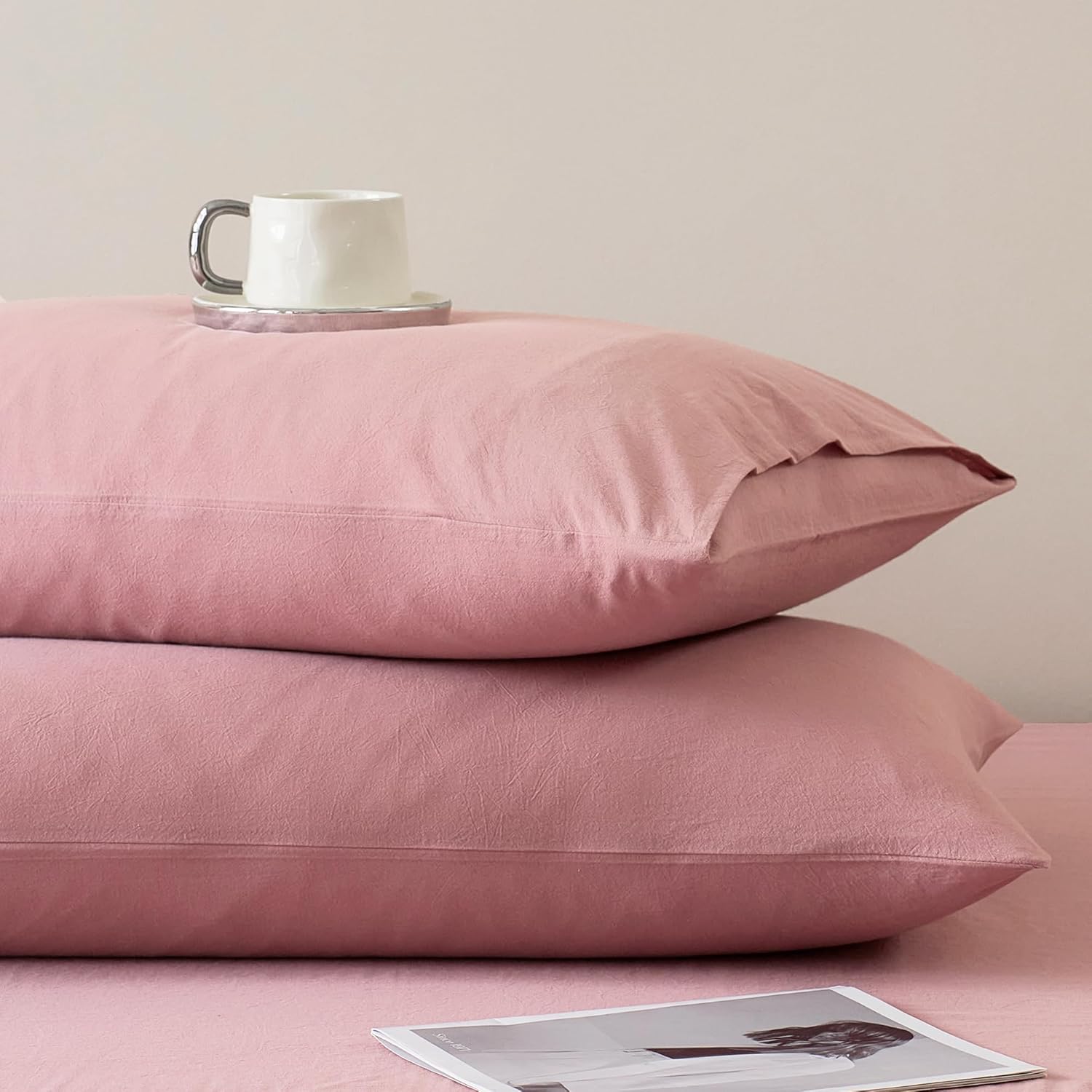 JELLYMONI Pillowcases Standard Set of 2 Washed Cotton Envelope Pillow Covers Linen-Like Texture,Darker Rose 20×26in Bed Pillow Cases Soft Breathable (Pillows are not Included)