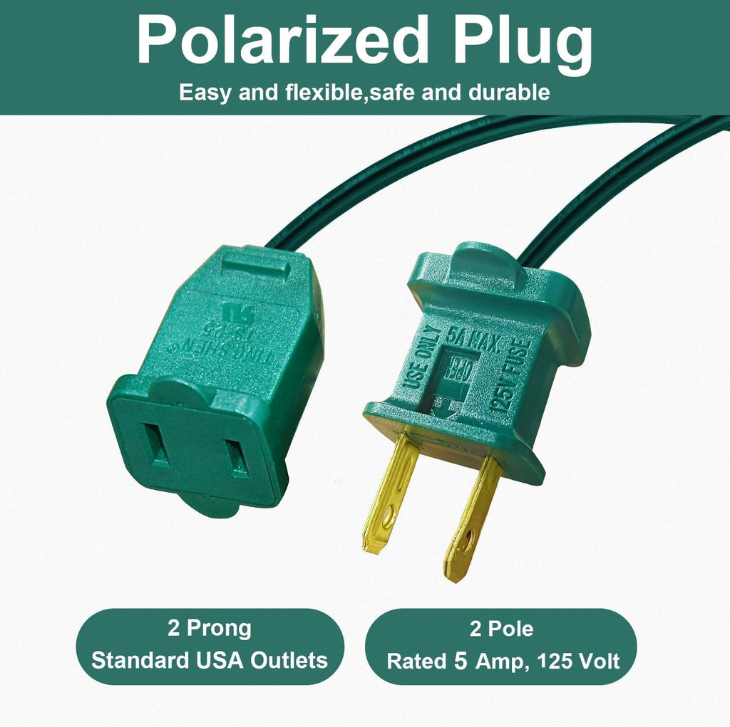 3 Pack 2 Prong Polarized Extension Cord Green Extension Cord 6 Feet with Stackable Unpolarized Plug, 5A 120V 432W, for Connect/Extend Indoor Outdoor Christmas Lights String (18 Feet)