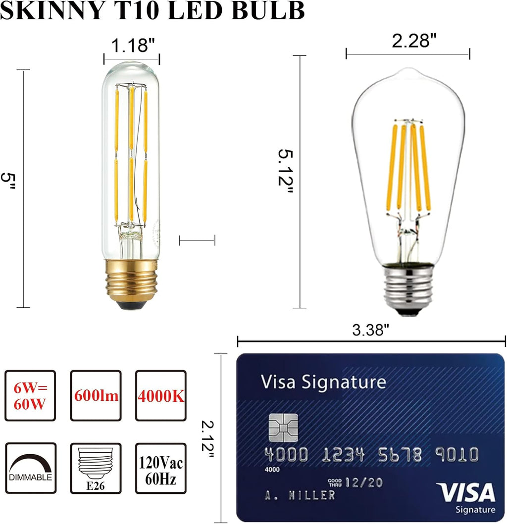 Arberlic 5 Inch Tubular Light Bulb,6W T10 LED Bulb Equivalent E26 led Bulb 60 watt dimmable,Neutral White 4000K,600lm,CRI85+,AC120V,Clear Glass Long E26 Edison Bulb,Flicker-Free,Pack of 6