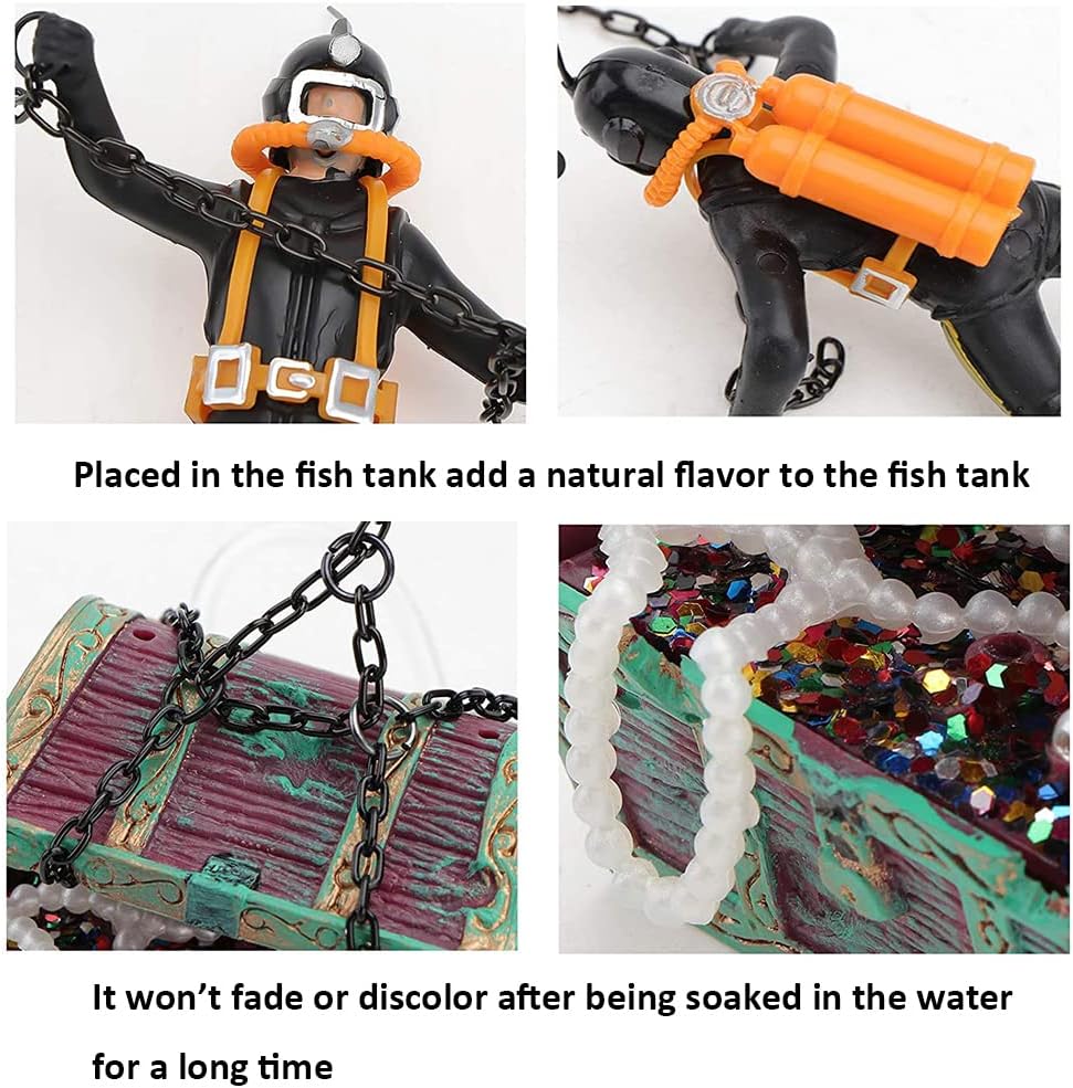 Live-Action Aquarium Ornament Undersea Treasure Chest Diver, Air Bubbler Aerating Fish Tank Decorations Black Color