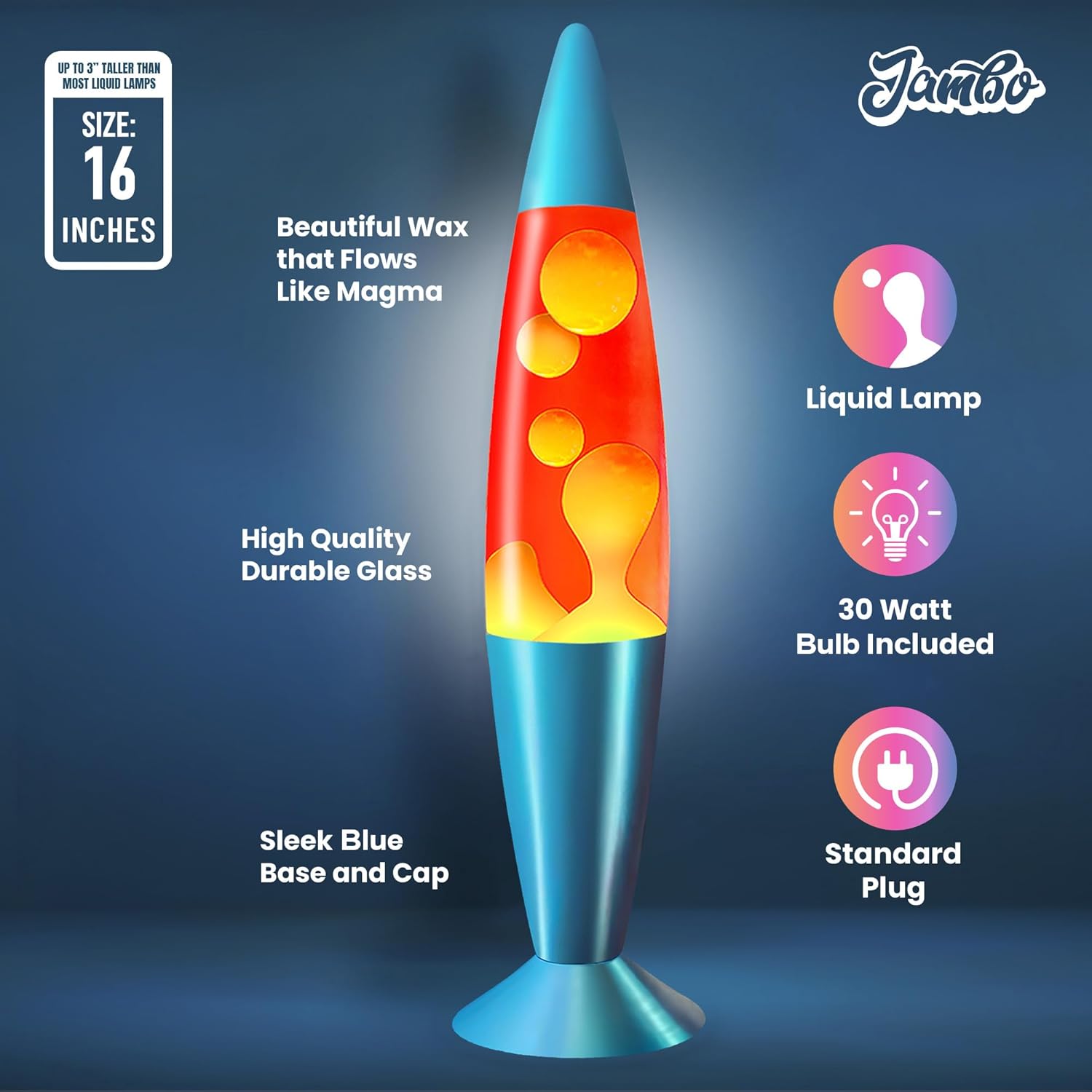 JAMBO 16" Beautiful Lamp- Red with Yellow/Orange Wax, Relaxing Liquid Light, Night Light Nightlight, Home Decor Living Room Office Bedroom Lamp for Adults Teens Kids, Magma Motion