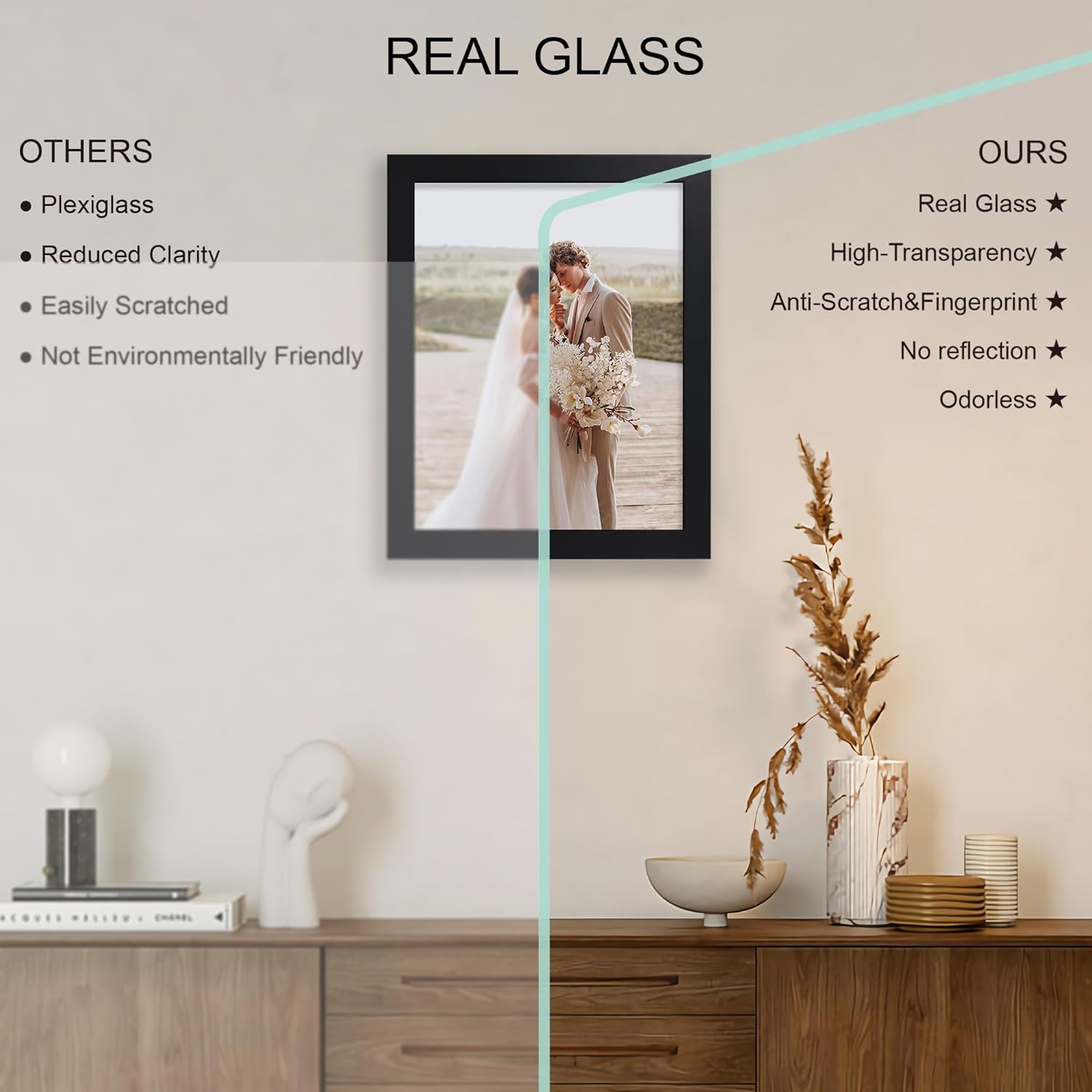10x13 Picture Frame Set of 4, Made of Real Glass and Black Frame, 10 by 13 Photo for Wall or Tabletop - Display Picture 8.5x11 with Mat or 10x13 Without Mat
