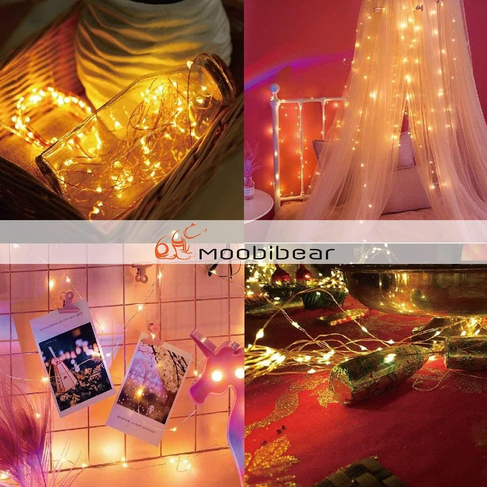 Moobibear Waterproof Fairy String Lights Plug in with 24 Keys Remote, 33ft 100LEDs Warm White Dimmable Starry Copper Wire Light for Indoor & Outdoor Wedding Birthday Valentines Day Decor