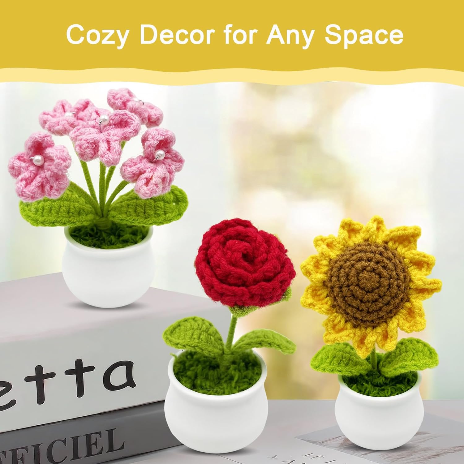 3pcs Crochet Flowers Cute Potted Flower,Mini Flower Bouquet for Mom Wife, Cute Desk Decor for Women,Artificial Handmade Flowers for Car Dashboard,Home Office Decoration (Color#4)