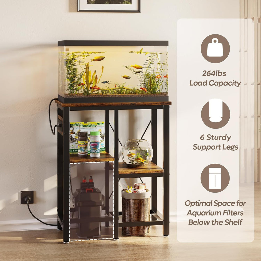 Bestier 10 Gallon Fish Tank Stand with Power Outlet, 20.3x10.6 Metal Aquarium Stand with Filter Storage, 6-Leg Reptile Tank Stand with 3-Tier Adjustable Storage Shelves, 264LBS Capacity，Rustic Brown