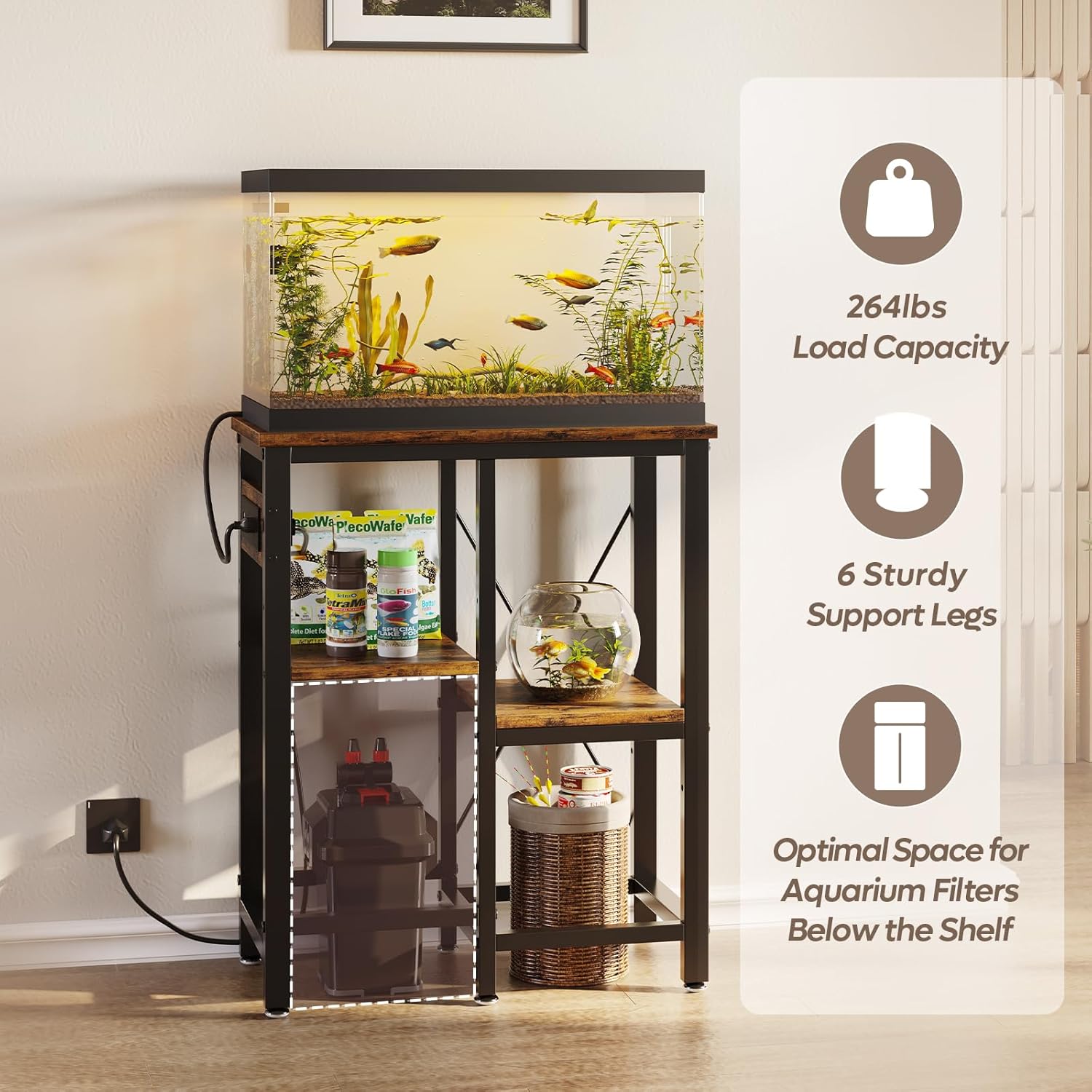 Bestier 10 Gallon Fish Tank Stand with Power Outlet, 20.3x10.6 Metal Aquarium Stand with Filter Storage, 6-Leg Reptile Tank Stand with 3-Tier Adjustable Storage Shelves, 264LBS Capacity，Rustic Brown