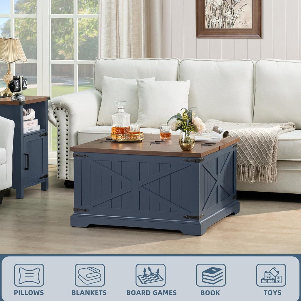 Farmhouse Coffee Table with Large Hidden Storage Compartment, Navy Blue Square Center Table, Wood Rustic Low Modern Living Room Tables with Hinged Lift Brown Top & Wooden Arc Base