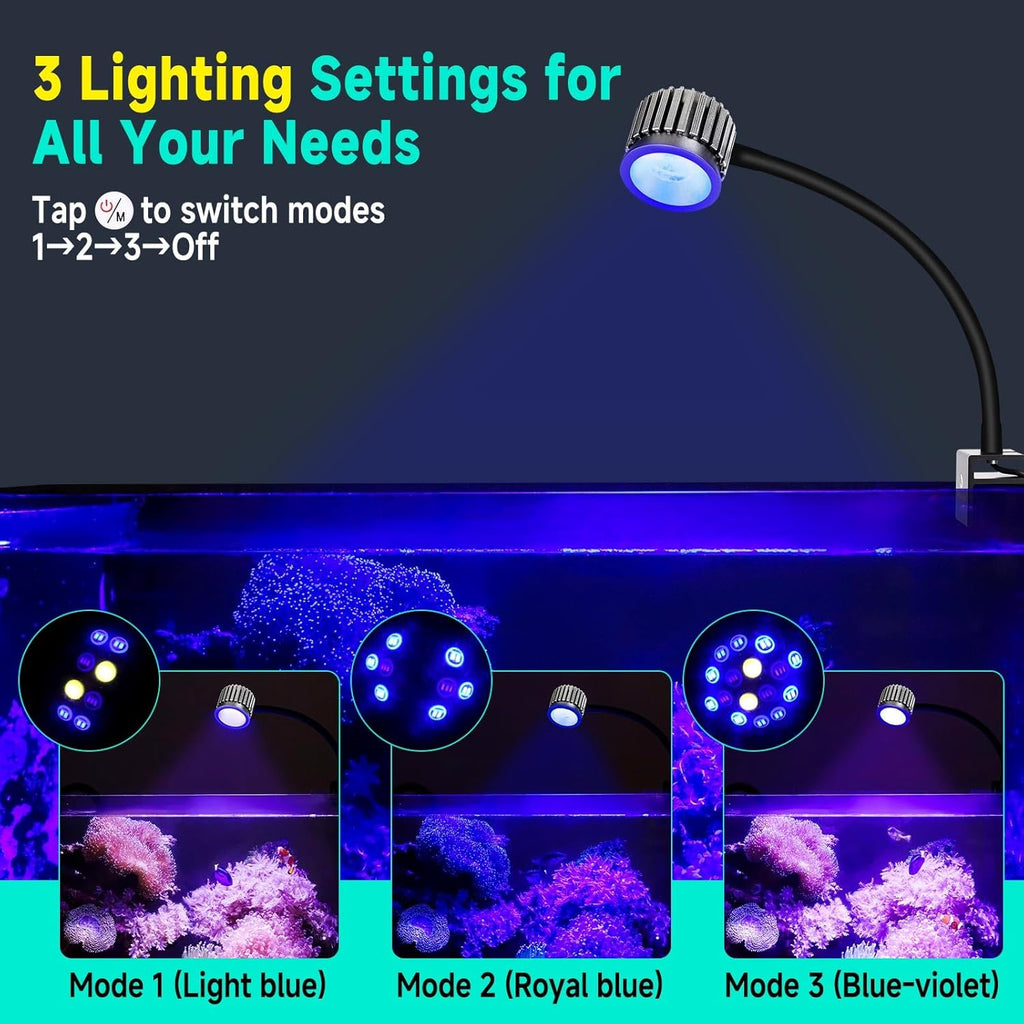 fishkeeper Clip On 24/7 Saltwater Aquarium LED Light, 8W Reef Lights for Coral DIY Color/Brightness Fish Tank Light with Timer for Coral Marine Tank Memory Function