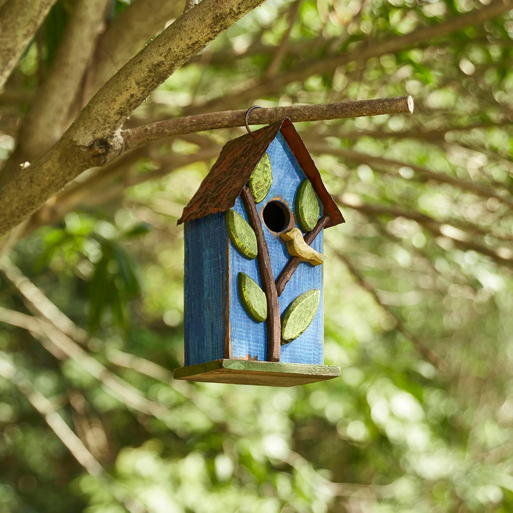 Glitzhome 9.84 Inch Bird House Distressed Leaves Wooden Garden Birdhouse for Outside