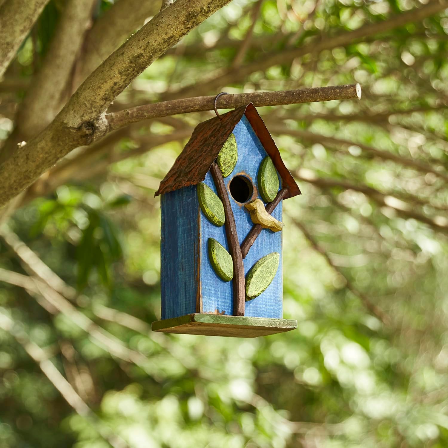 Glitzhome 9.84 Inch Bird House Distressed Leaves Wooden Garden Birdhouse for Outside