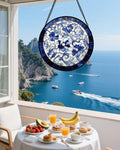 Stained Glass Window Hanging, Blue and White Abstract Flowers Sun Catcher for Door Home Decor Suncatcher Christmas Mother's Day Birthday Gifts for Women Men Mom and Nana 7.8 in