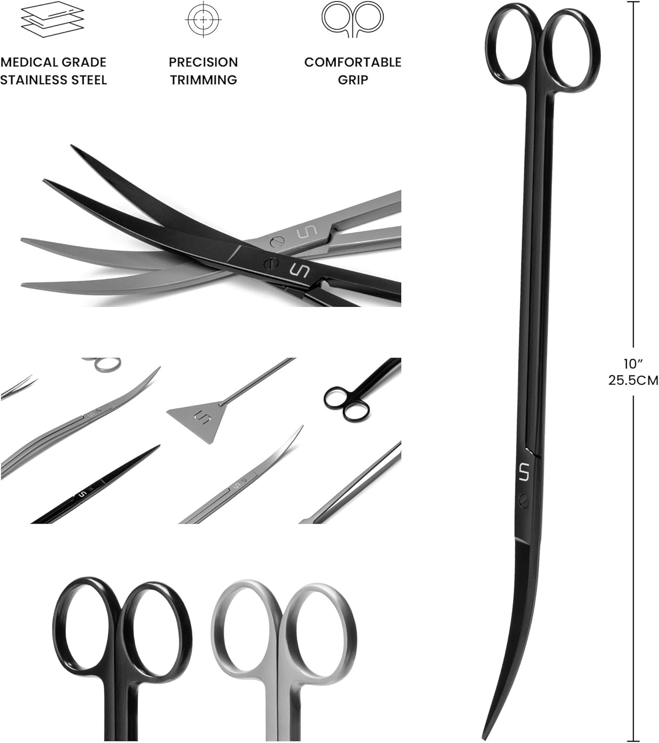 UNS Aquascaping Tools - Stainless Steel, Rust Resistant, Freshwater Planted Tank, Saltwater Reef Aquarium Maintenance Accessory - Trimming Stems & Carpets, Coral Cutting - Curved Scissors, Black