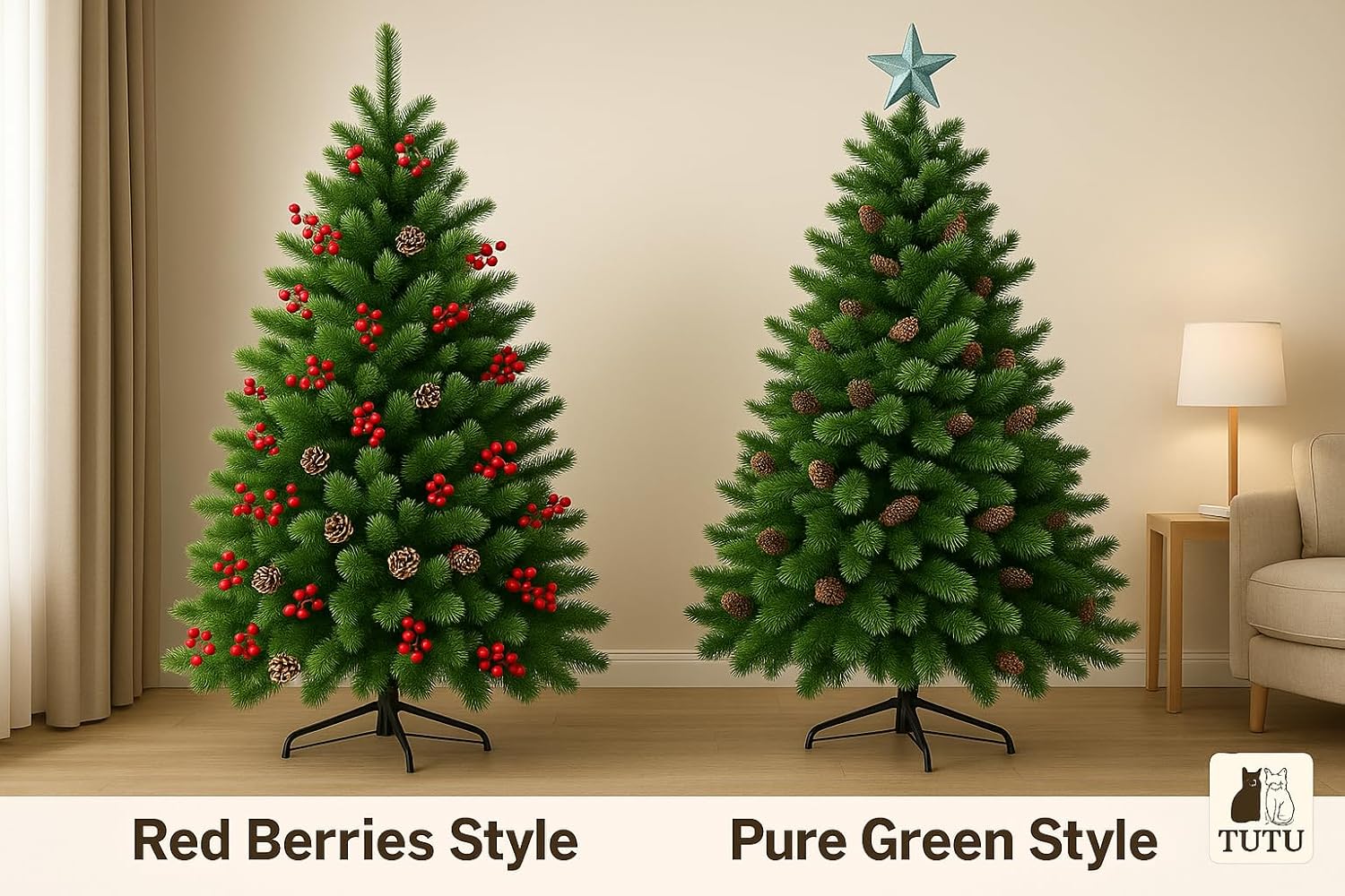 Christmas Tree with Topper – Artificial Pine Tree – Multiple Sizes & Colors (Green with Red Berries & Snowflakes, 6ft)