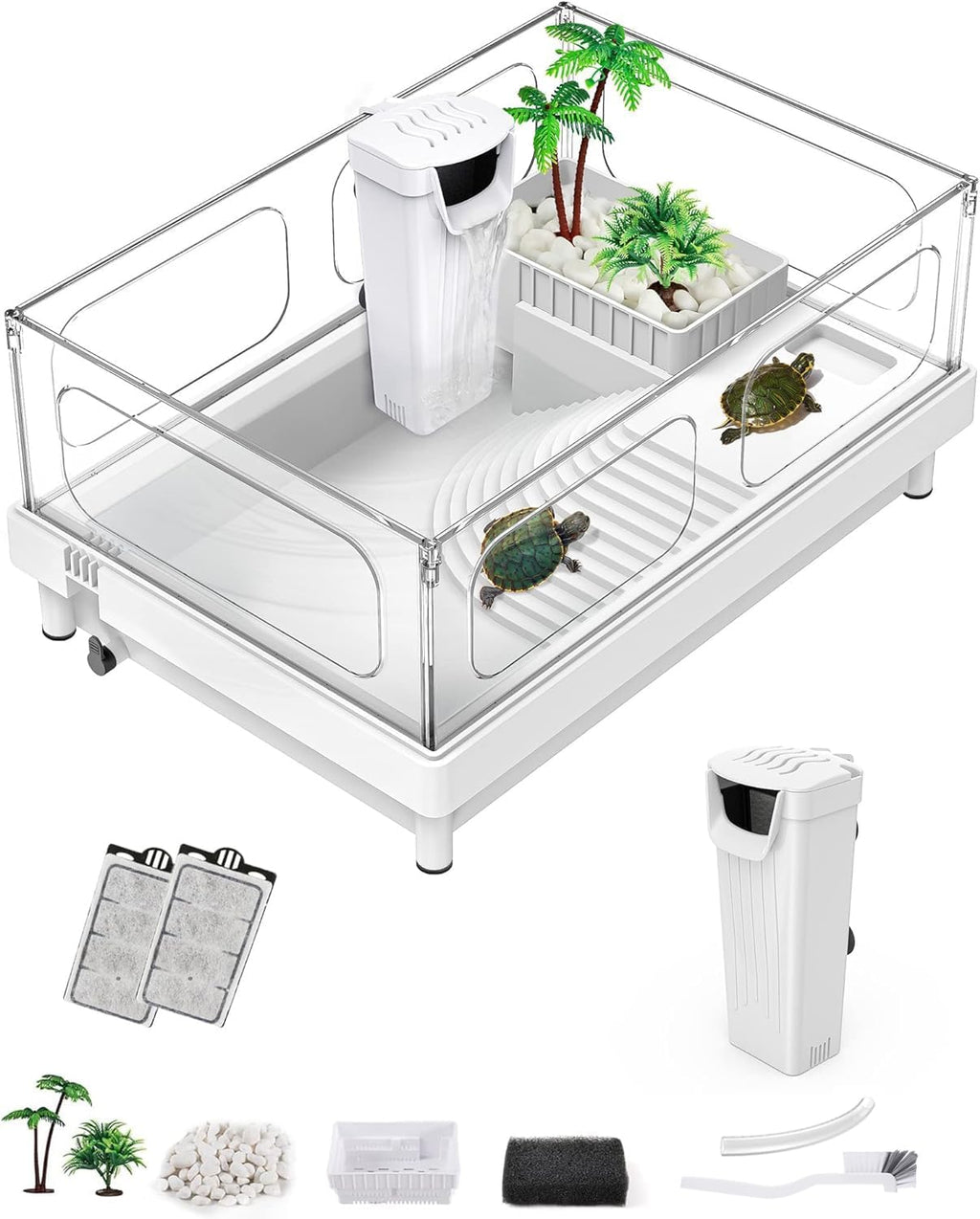 Small Turtle Tank with Filter, Turtle Aquarium, Acrylic Turtle Terrarium with Basking Platform, Bottom Drainage, Multi-Function Areas for Turtles, Crayfish, Small Reptiles (Tank+Filter)