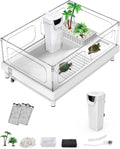 Small Turtle Tank with Filter, Turtle Aquarium, Acrylic Turtle Terrarium with Basking Platform, Bottom Drainage, Multi-Function Areas for Turtles, Crayfish, Small Reptiles (Tank+Filter)