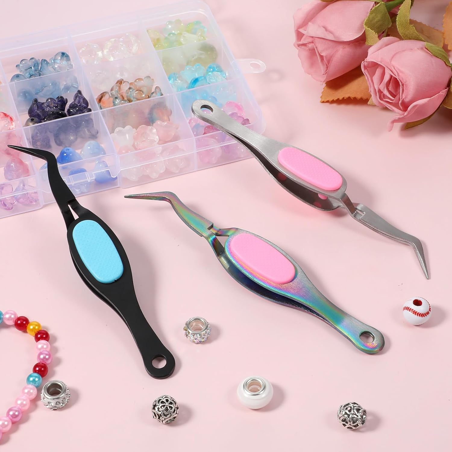 3 Pack Reverse Tweezers Craft Sticker Tweezer Crossing Locking Curved Crafting Tweezers, Stainless Steel Curved Tip Tweezer for Jewelry Beading, Electronics DIY Craft (Rainbow, Silver, Black)