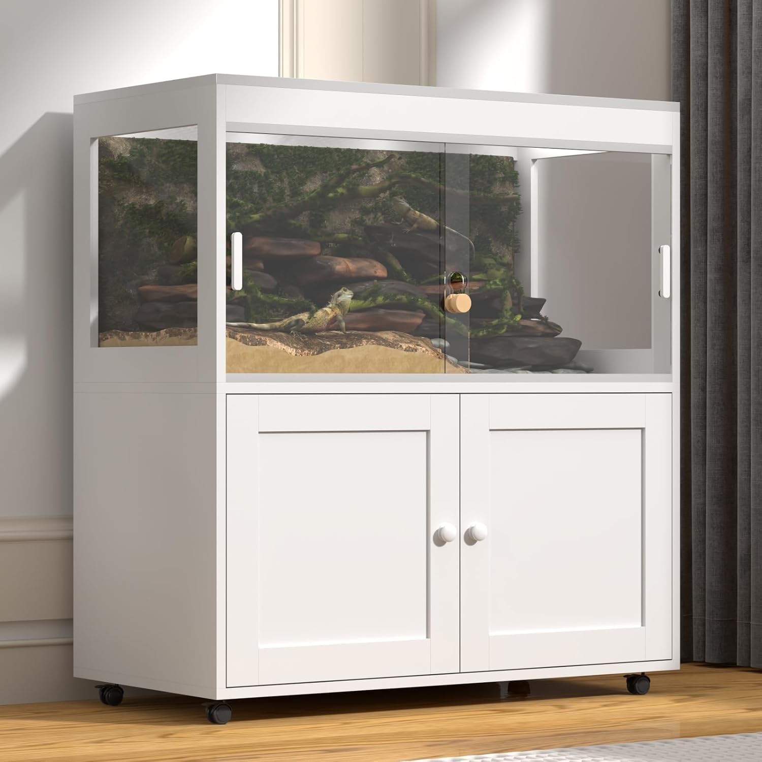 60 Gallon Reptile Terrarium with Storage – Mobile Reptile Tank with Wheels, Sliding Door & Mesh Roof – Ideal Enclosure for Geckos, Snakes & Lizards