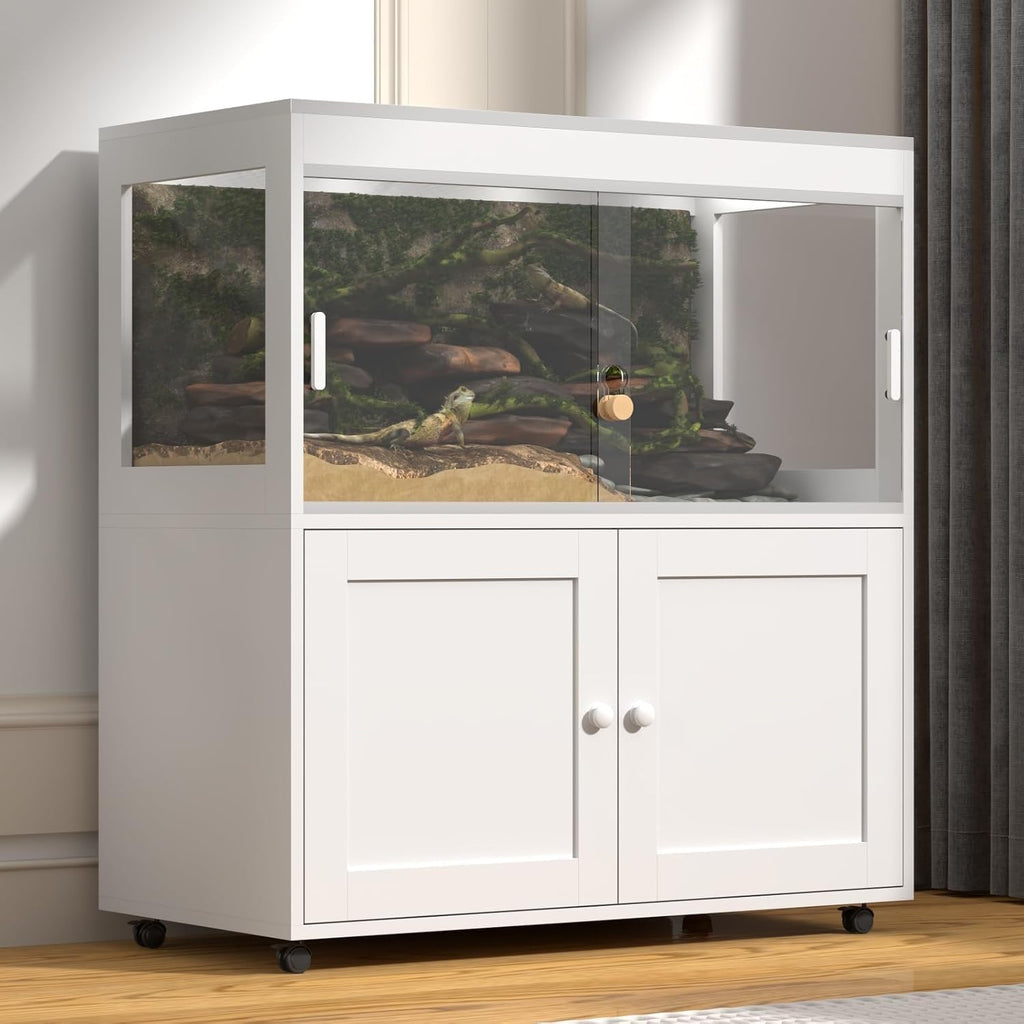 Large 60 Gallon Reptile Terrarium with Storage Cabinet and Sliding Door Handle, Reptile Tank with Wheels & Metal Mesh Roof Door – Ideal Habitat Enclosure for Snakes, Lizards, and Geckos