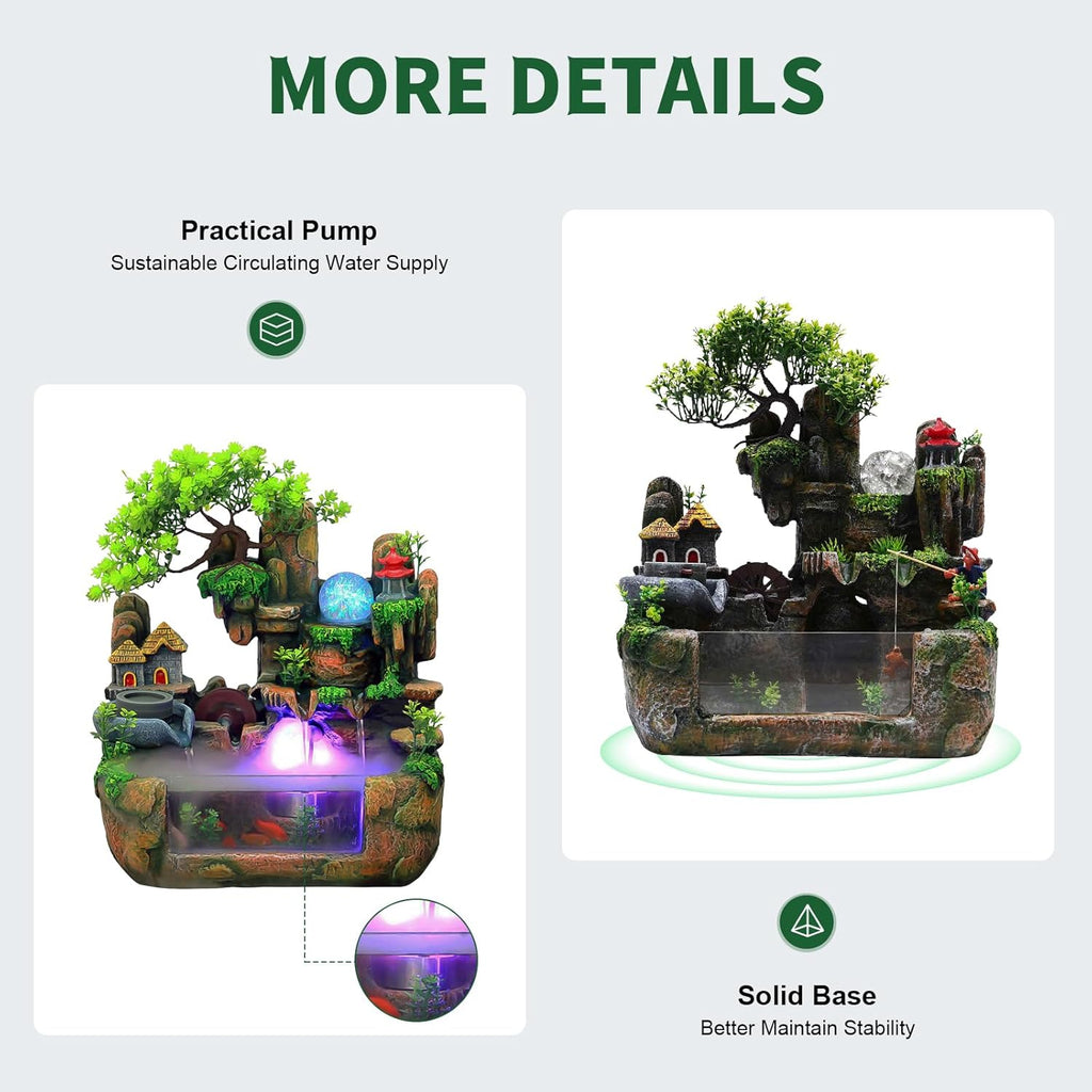 Desktop LED Waterfall Fountain,Tabletop Rockery Water Fountain with Fish Tank and Atomizer for Home Office Bedroom Decorative
