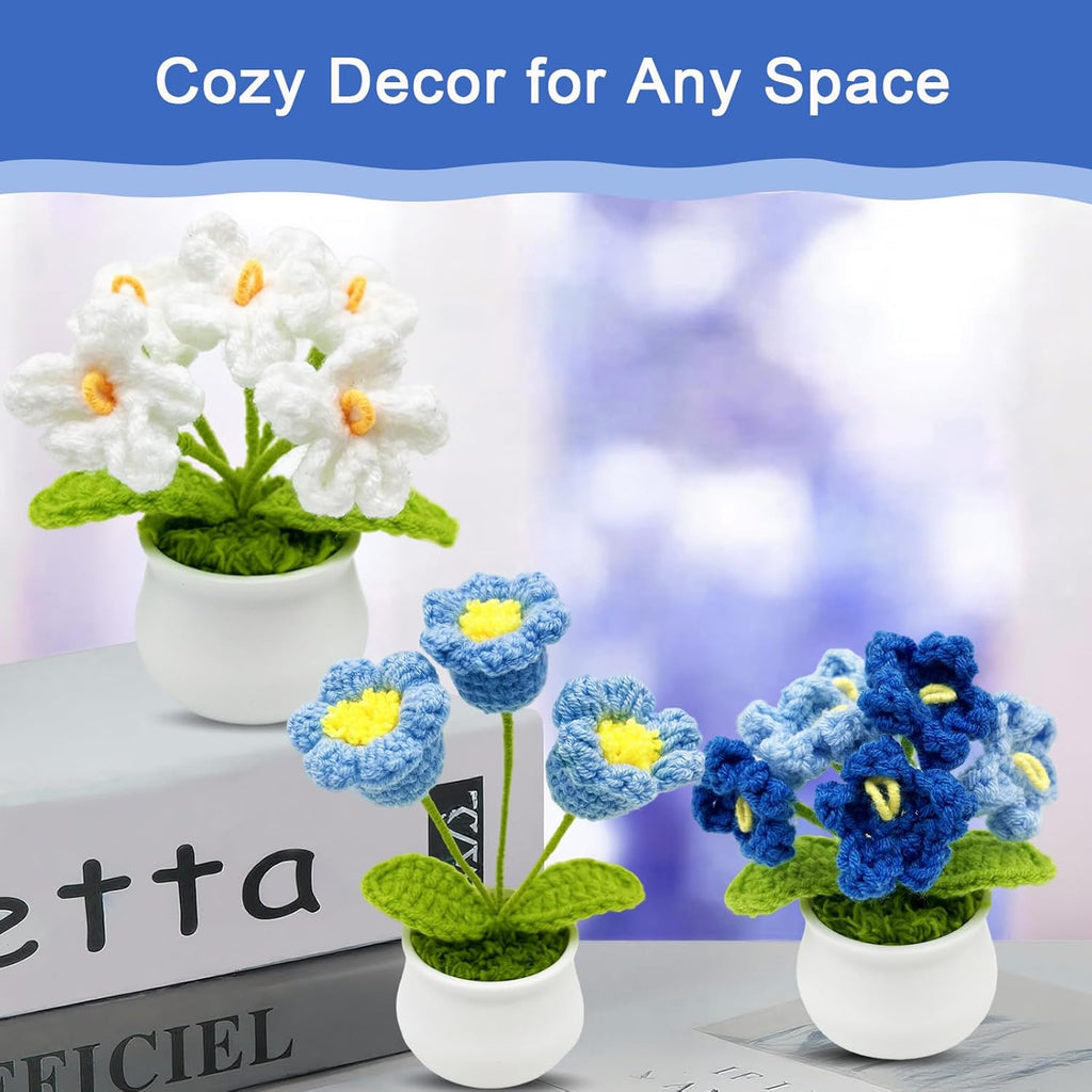 3pcs Crochet Flowers Cute Potted Flower,Mini Flower Bouquet for Mom Wife, Cute Desk Decor for Women,Artificial Handmade Flowers for Car Dashboard,Home Office Decoration (Color#3)