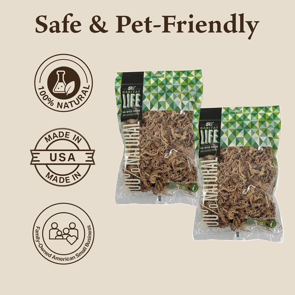 The Habitat Life - Natural Sphagnum Moss - for Reptiles, Amphibians & Invertebrates Terrariums - Humidity Control - Ideal for Burrowing & Nesting - Dye-Free & Safe - Small - 2 Pack