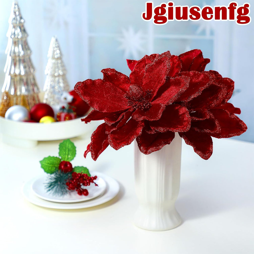 8 Pcs Large Christmas Flower Magnolia Flowers Christmas Tree Decoration Artificial Poinsettia Stems Velvet Xmas Ornaments for Xmas Tree Table Decor(Burgundy,12 Inch)