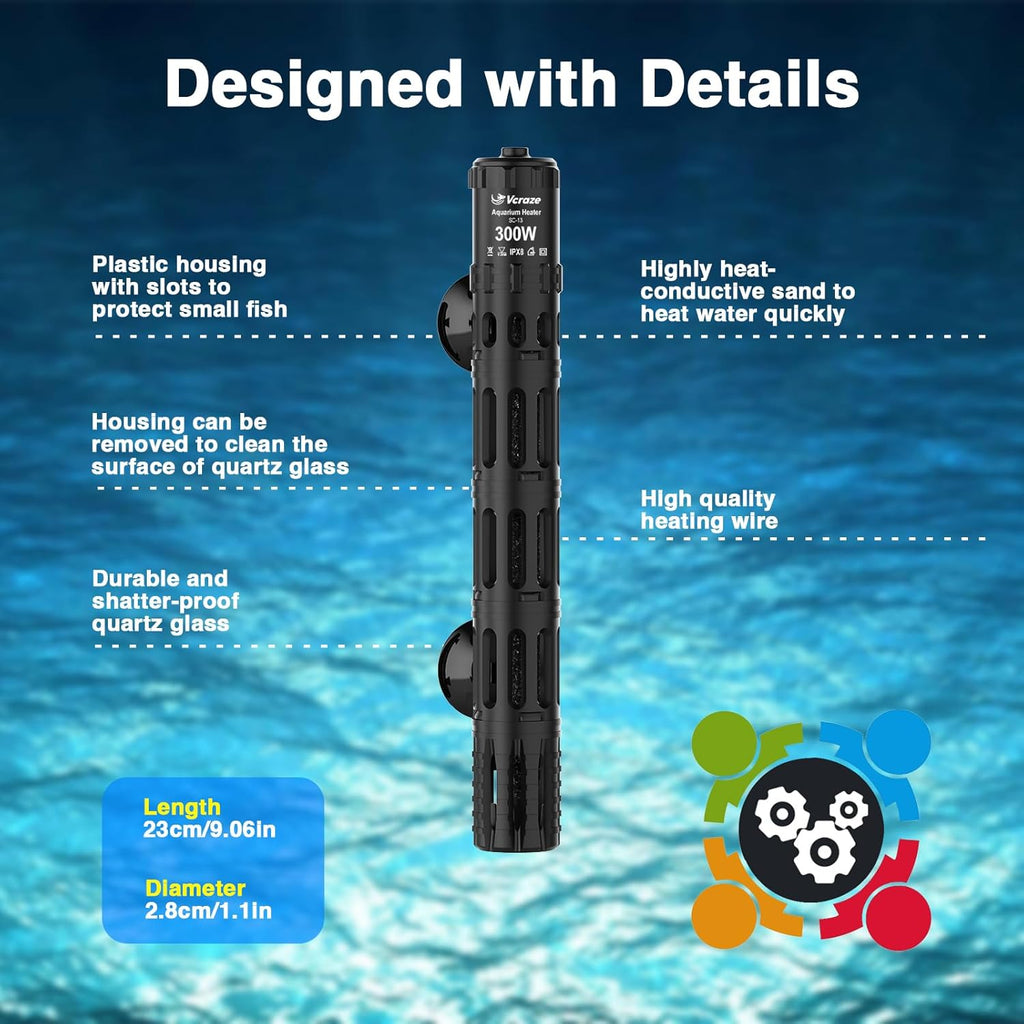 Fish Tank Heater with LED Digital Display Thermostat, Submersible Aquarium Heater with Protective Housing, 300W Adjustable Fish Heater for 40-75 Gallon Tanks