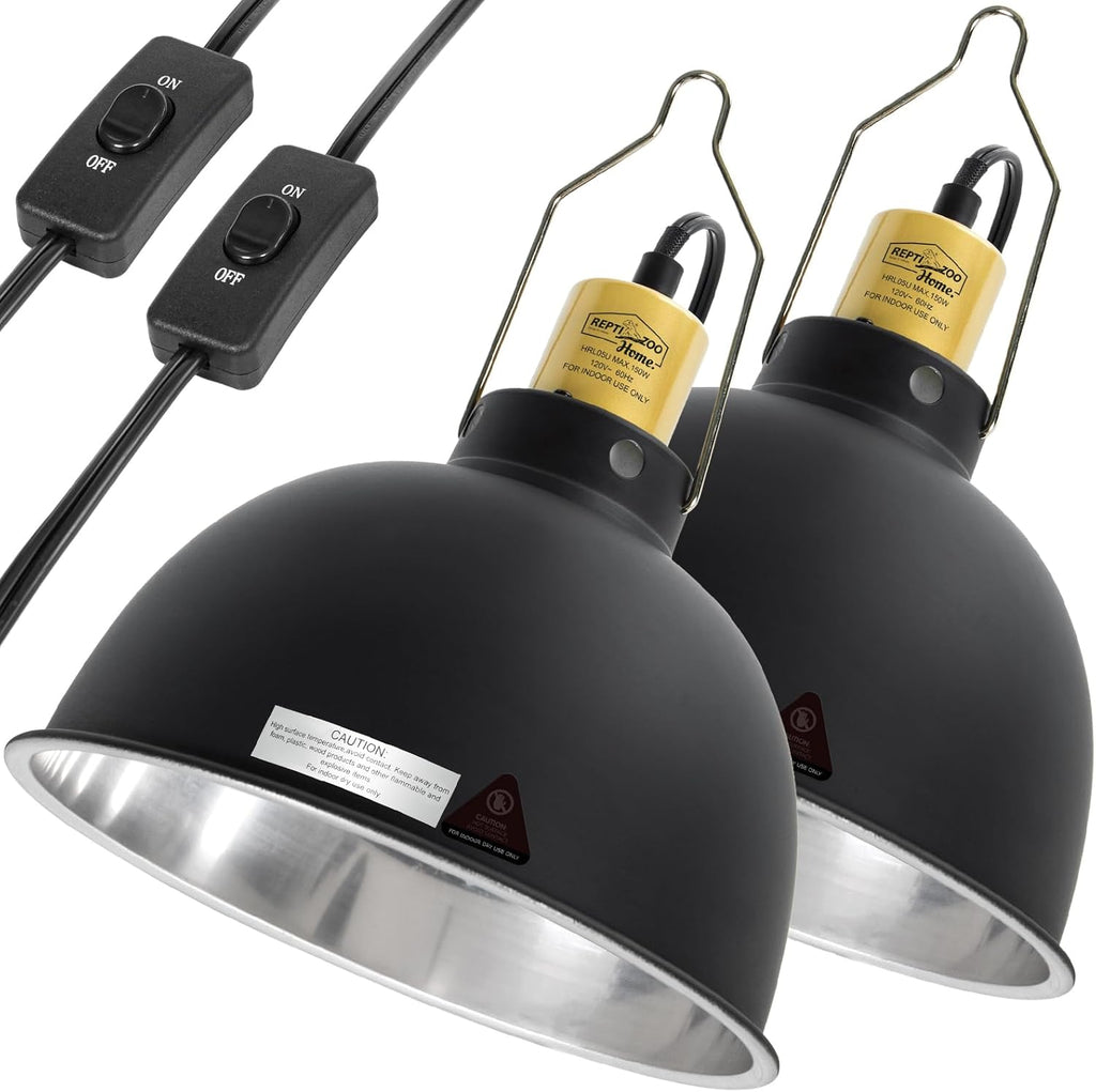 2 Pack Reptile Light Fixture, 8.5in Deep Dome Reptile Heat Lamp Fixture with Switch, Dual Terrarium UVB Basking Light Fixture for Chameleons Chicks, Suitable for E26 Bulbs Up to 150W