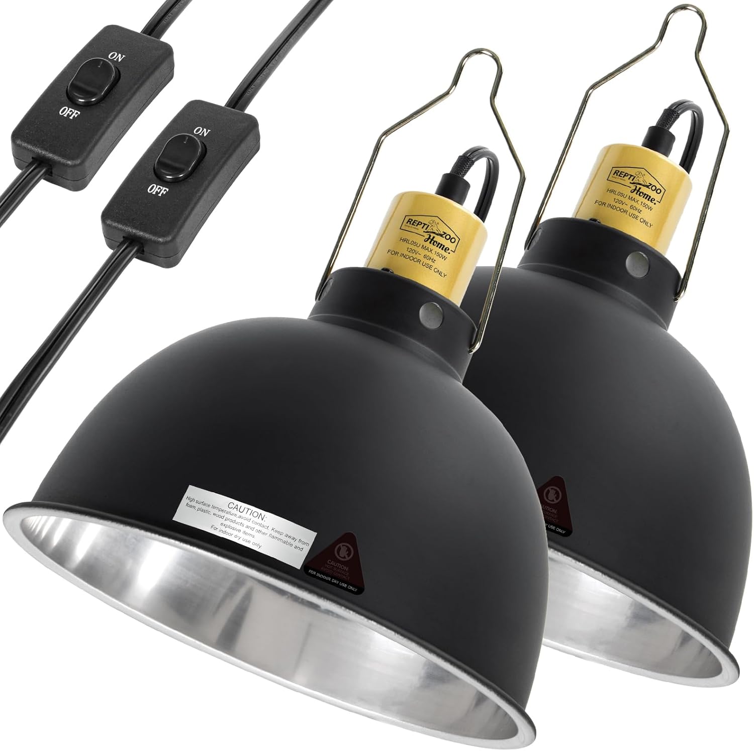 2 Pack Reptile Light Fixture, 8.5in Deep Dome Reptile Heat Lamp Fixture with Switch, Dual Terrarium UVB Basking Light Fixture for Chameleons Chicks, Suitable for E26 Bulbs Up to 150W